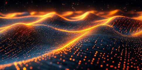Abstract Digital Waveform with Glowing Orange Lines and Dots in Futuristic Style