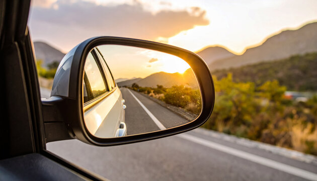 Road trip sunset car mirror scenic drive travel