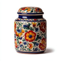 A close-up of a colorful, intricately decorated jar with a lid. The jar's design features vibrant floral patterns, and the blue rims adds a touch of elegance