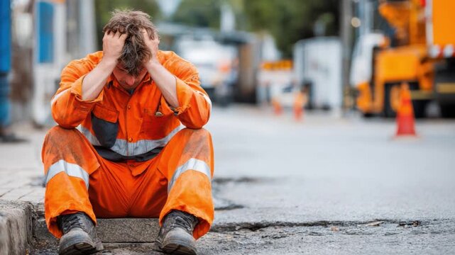 Despair in Orange: A construction worker, dressed in an orange uniform, sits dejected on a curb, head in hands, portraying the raw emotion of workplace stress and frustration. 