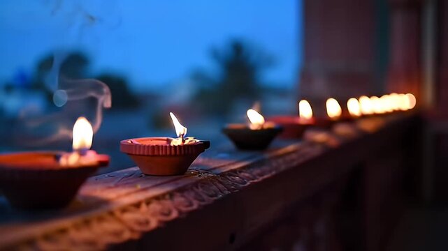 Row of Glowing Traditional Diya Oil Lamps on Ledge at Dusk