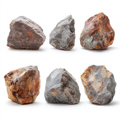 Fototapeta premium Six rocks, varying in size, texture, and color, are arranged in two rows of three. The rocks exhibit a range of shades, from gray to brown. 
