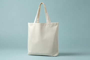 Blank cream canvas tote bag on pale blue background