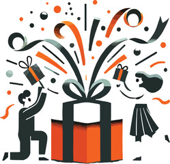 People celebrating with a large gift box and confetti