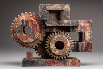 Bronze metal sculpture with intricate gears showcasing the beauty of industrial design and creativity in abstract art