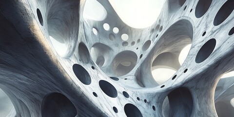 Abstract White Organic Structure with Circular Openings in Futuristic Style