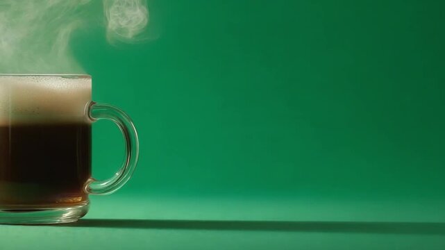 A Steaming Brew: A close-up shot captures a glass mug filled with a rich, dark beverage, steaming invitingly against a vibrant green backdrop.