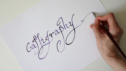 Calligraphy process. Female hand writing the word Calligraphy. Handwritten font. Rounded letters,...