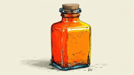 Amber Glass Bottle with Cork, Vintage Apothecary Jar, Hand-Drawn Illustration, Retro Design Element