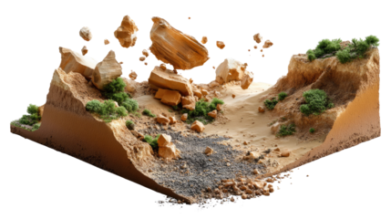 Falling Rock Scene: A dynamic cross-section of terrain showcases a miniature landslip, with fragmented rocks tumbling, creating a powerful, three-dimensional effect and portraying nature's raw energy.