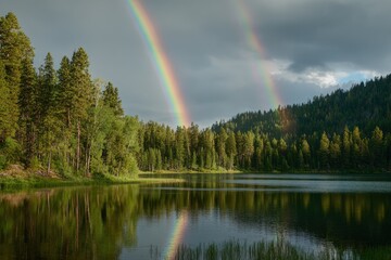 Serene lake surrounded by lush forest reflecting vibrant double rainbow under cloudy sky at sunset