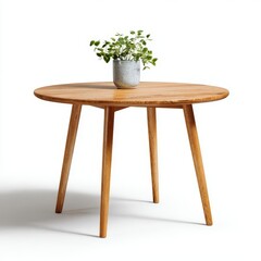 A stylish wooden table adorned with a potted plant, offering a touch of natural elegance