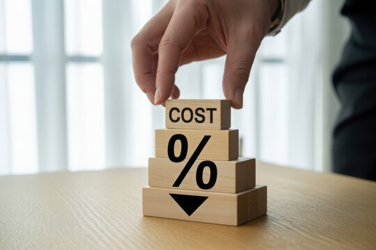 Hand stacking wooden blocks showing cost percentage reduction