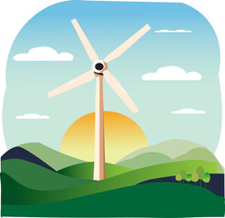 Fototapeta premium Wind turbine farm at sunset, creating renewable energy in a beautiful landscape. Concept of green power generation. Technology, Environment