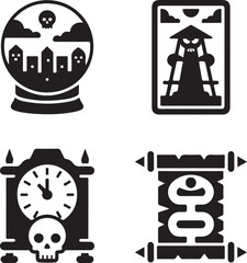 occult, magic, tarot, prophecy, horror, future, clock, skull, scroll, spooky, crystal, ball, scary, icon, set, vector