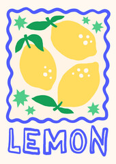 Summer tropical fruit vector illustration. Bold bright poster design with lemons on checkered background