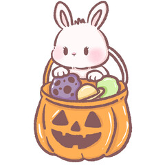 Obraz premium Cute white bunny sitting in jack o lantern candy bucket filled with planets kawaii Halloween space rabbit illustration galaxy fantasy cartoon sci fi trick or treat adorable digital art design