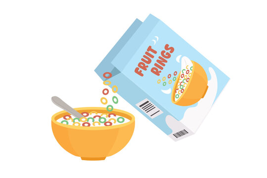 Fruit rings cereal box. Delicious breakfast. Diet food. Healthy food.