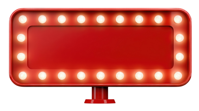 Vintage Illuminated Sign: A retro-style, vibrant red sign, illuminated by warm, vintage light bulbs, evoking a sense of nostalgia and anticipation. 