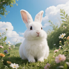 Cute White Rabbit Sitting on Clean White Background in Minimalist Style