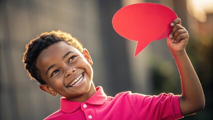 Smiling african american boy holding red speech bubble communication concept happy child message expression