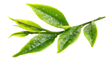 Close-up green tea leaves with stem Transparent background, PNG file