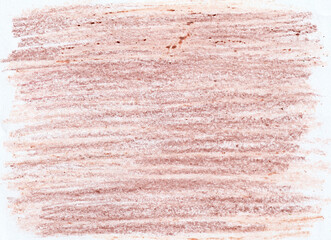 Texture of horizontal strokes with wax crayons, chalk, colored pencils. Different shades of peach, brown. Chaotic spots and dots from above. White background. Peach fuzz, mocha mousse, nude colors.