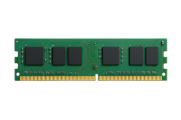 Close-up view of a green circuit board with black memory chips and gold connectors, a component of computer hardware.