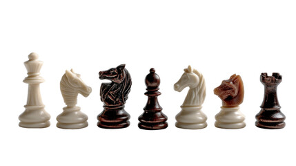Chess Pieces Display: A precise composition of chess pieces, artfully arranged to showcase the intricate details and classic design of each individual form, ready for strategic play.