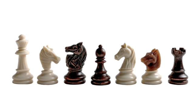Chess Pieces Display: A precise composition of chess pieces, artfully arranged to showcase the intricate details and classic design of each individual form, ready for strategic play.