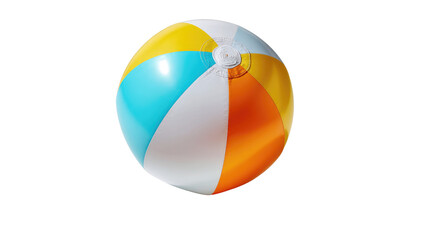 Fototapeta premium Colorful Beach Ball on a Sunny Day: A vibrant beach ball, adorned with cheerful stripes of yellow, blue, orange, and white, brings the joyful essence of summer to life.
