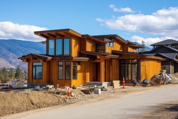 Obraz premium New luxury home construction featuring innovative design and natural materials amid scenic mountain backdrop