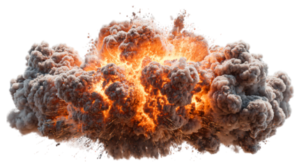Dramatic explosion with fiery sparks and billowing smoke clouds