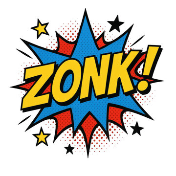 Dynamic Comic Book "ZONK!" Sound Effect with Starburst and Halftone Dots, Evoking Action and Impact
