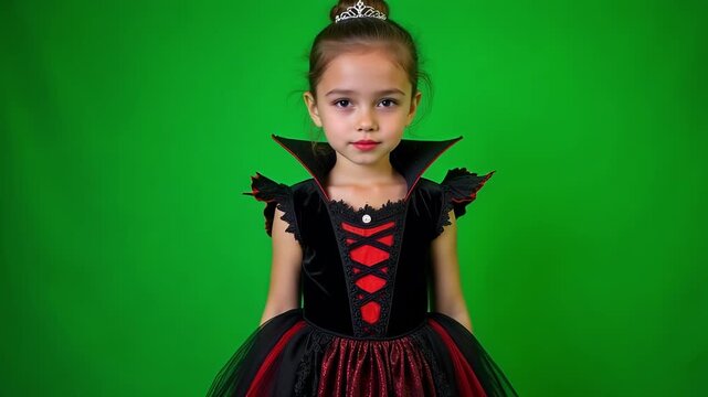 Adorable little girl dressed as a vampire princess on green screen, perfect for Halloween costume party, fantasy roleplay, or spooky kids video scenes