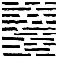 Torn Paper Fragments: A collection of ripped black paper strips and fragments, each bearing a unique texture. This image could represent destruction and deconstruction.