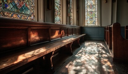 Sunlight streams through stained glass windows illuminating pews in a church