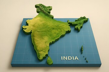 3D Topographic Map of India – Green Terrain Relief with Grid Background