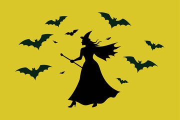 Fototapeta premium Fantasy Witch Flying with Bat Swarm