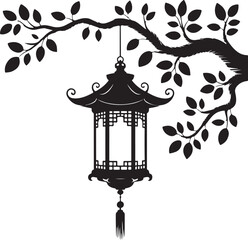Silhouette of a Traditional Asian Lantern Hanging from a Tree Branch with Leaves Creating a Serene and Peaceful Scene