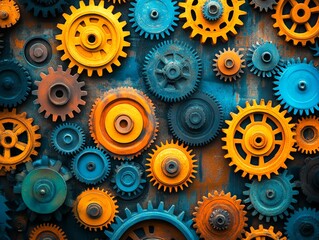 Colorful Blue and Orange Gears Interlocking Mechanical Cogs Array