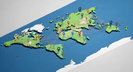 Obraz premium Stylized 3D world map illustrating global connections with location pins and network lines.