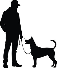 Man and dog on leash walking silhouette