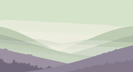 Fototapeta premium Layered hillsides cascade in muted tones, with trees near bottom