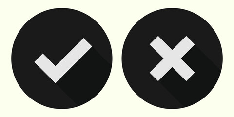 Black circle check mark icons. Check mark and cross icon. Check mark buttons. Yes or no buttons