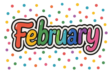 Vibrant "February" Text with Colorful Polka Dots and Playful Bubble Lettering