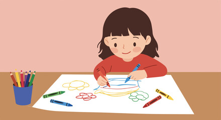Girl colors flowers with crayons at a table with a blue crayon-filled cup