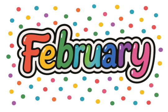 Vibrant "February" Text with Colorful Polka Dots and Playful Bubble Lettering
