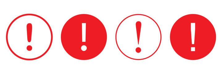 Warning, precaution, attention, alert icon, set red exclamation mark in circle shape – stock vector.