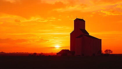 Silhouette of an old grain elevator against a vibrant orange sunset sky